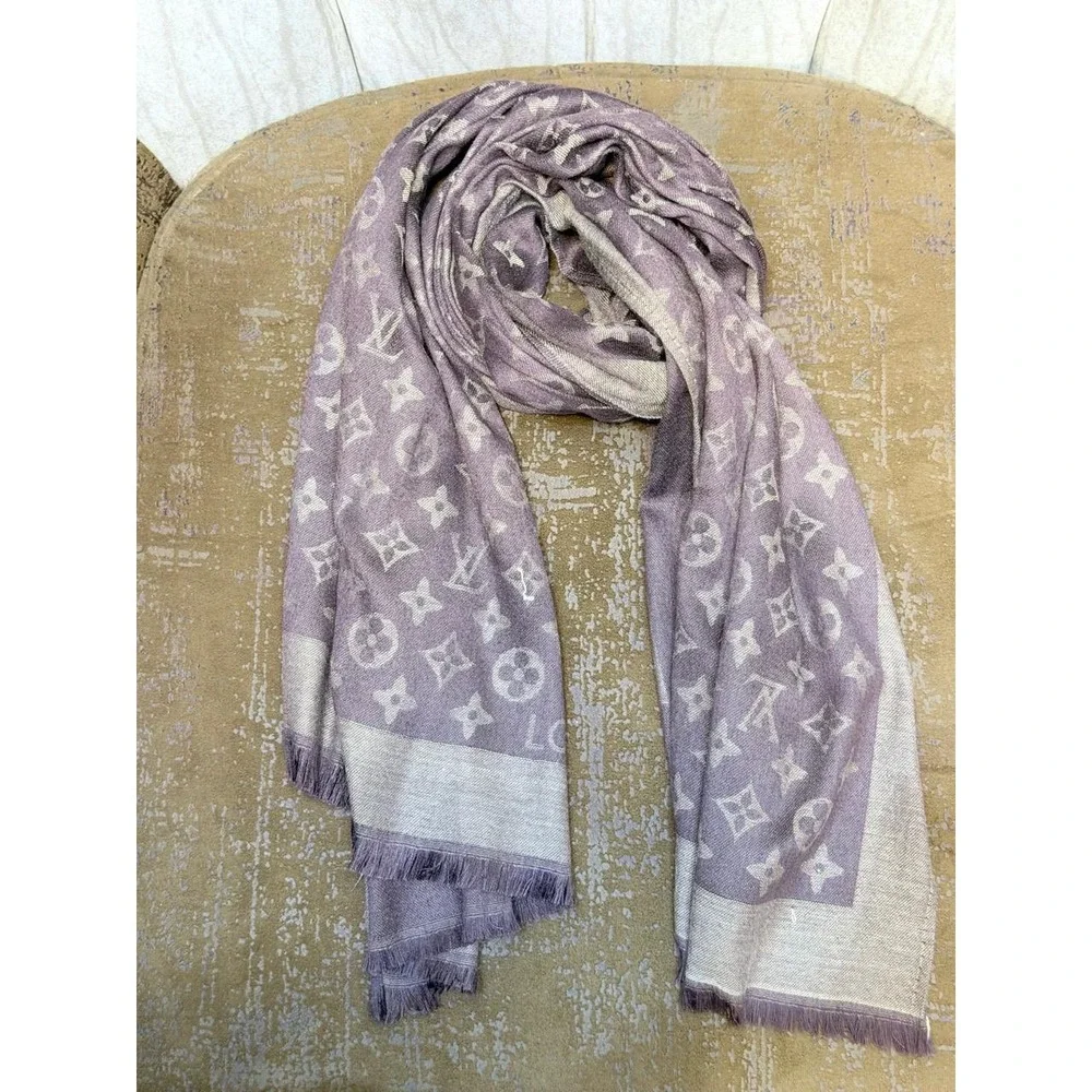 Louis Vuitton Monogram Shine Shawl Amarante Purple Brown Silk Blend Scarf Fringe